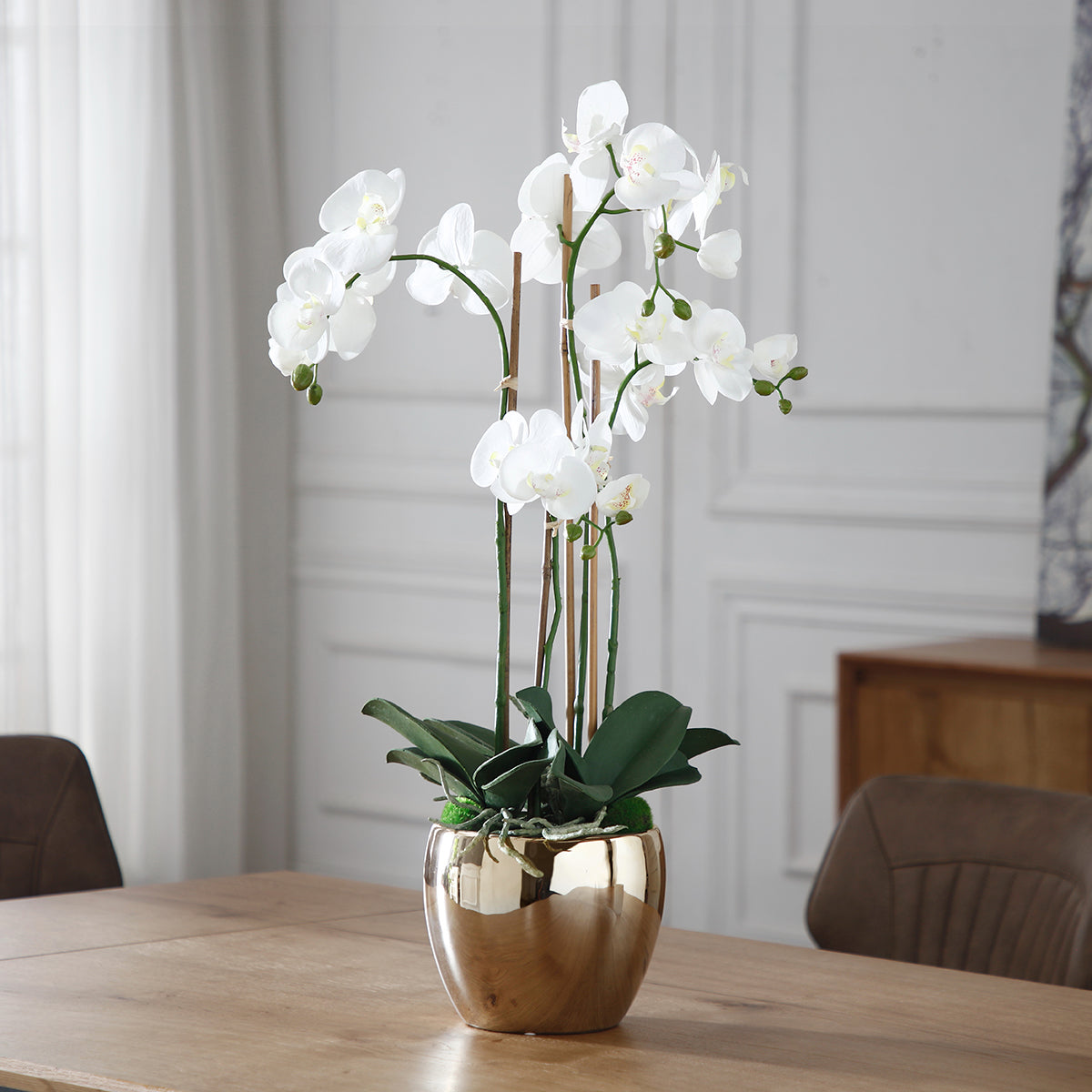 Composition d'Orchidée Artificielle avec vase doré Petit Format