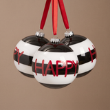 Boule de Noël Graphique Happy rouge en verre, packshot fond beige