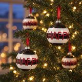 Boule de Noël Graphique Happy rouge en verre, photo d'ambiance
