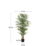 Dimensions du bambou artificiel 150 cm : hauteur 150 cm, largeur 70 cm, pot 16,5 cm de hauteur et 15 cm de diamètre