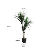 Dimensions du dracaena artificiel 119 cm : hauteur 119 cm, largeur 78 cm, pot 16,5 cm de hauteur et 18 cm de diamètre