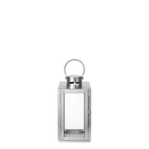 Lanterne en métal brillant argenté avec anse arrondie, dessus plat et avec fenêtre en verre transparent
