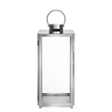 Lanterne en métal brillant argenté avec anse arrondie, dessus plat et avec fenêtre en verre transparent