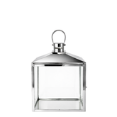 Lanterne large en métal brillant argenté avec anse arrondie, dessus en pente et avec fenêtres transparentes en verre. Acier inoxydable.