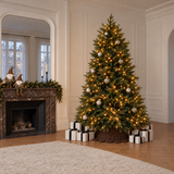 Grand sapin de Noël lumineux Fluffy vert 250 cm allumé près d'une cheminée avec cadeaux au pied