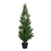 Cyprès artificiel de 120 cm en pot noir, feuillage dense en écailles vert foncé, arbre artificiel Sia Deco sur fond blanc