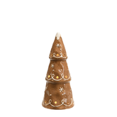 Statue Sapin de Noël lumineux Ginger en céramique marron effet pain d'épices avec décor de glaçage blanc en relief, 21 cm