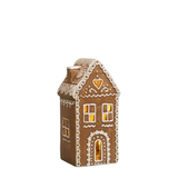 Figurine Chalet de Noël Ginger en céramique marron effet pain d'épices avec glaçage blanc en relief et fenêtres ajourées, 16 cm