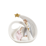 Crèche de Noël Bethléem en porcelaine blanche avec étoile dorée, Sainte Famille aux détails rosés et dorés, 15 cm