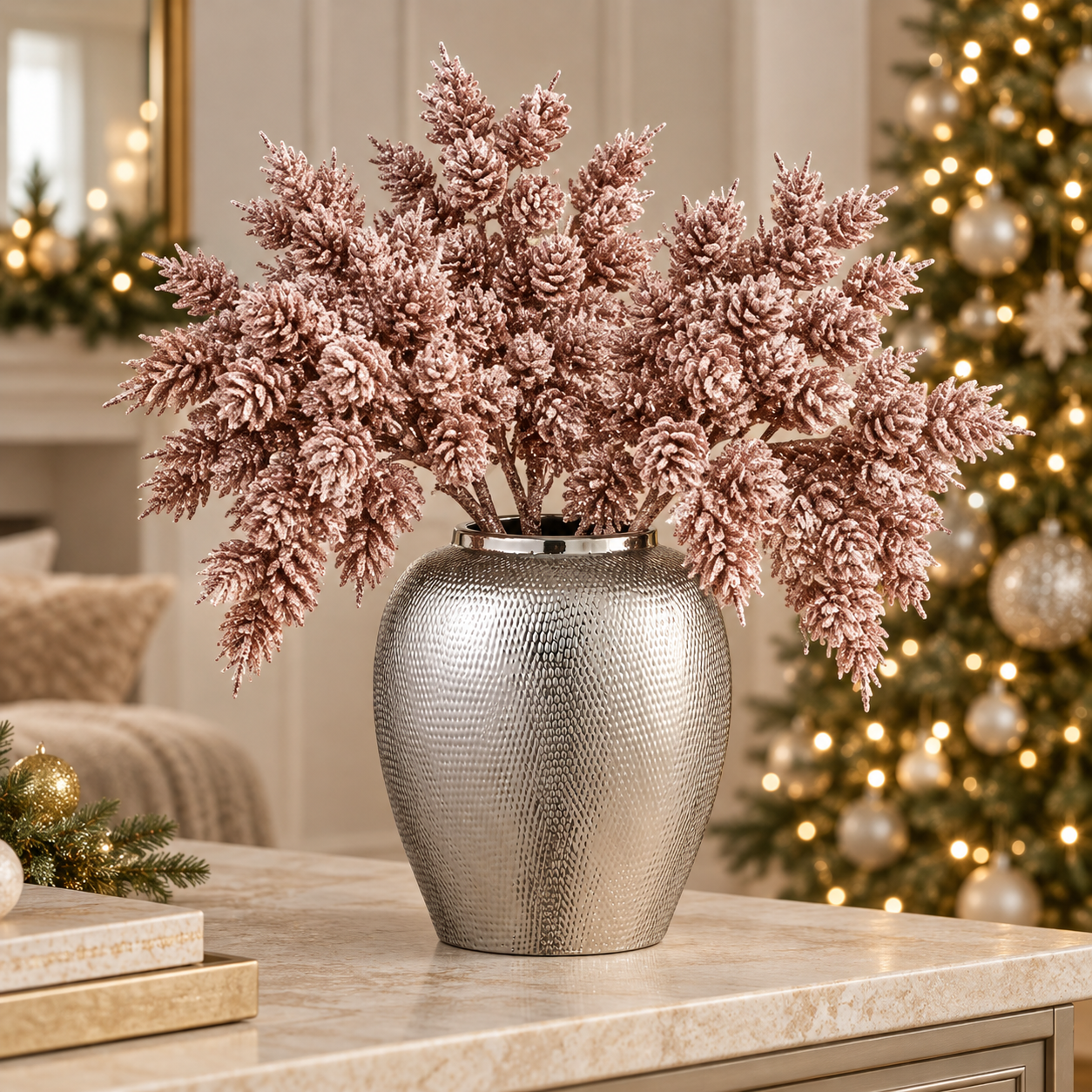 Branche de Pin à Pommes de Pin Pailletée Izia Noël 38 cm