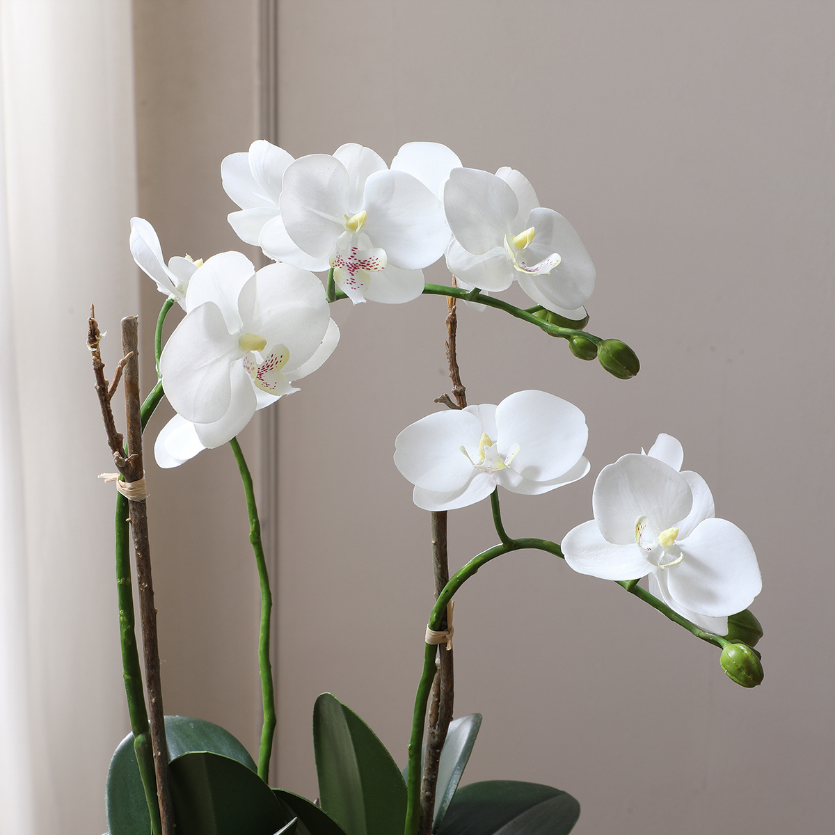 Composición de orquídeas y suculentas artificiales.