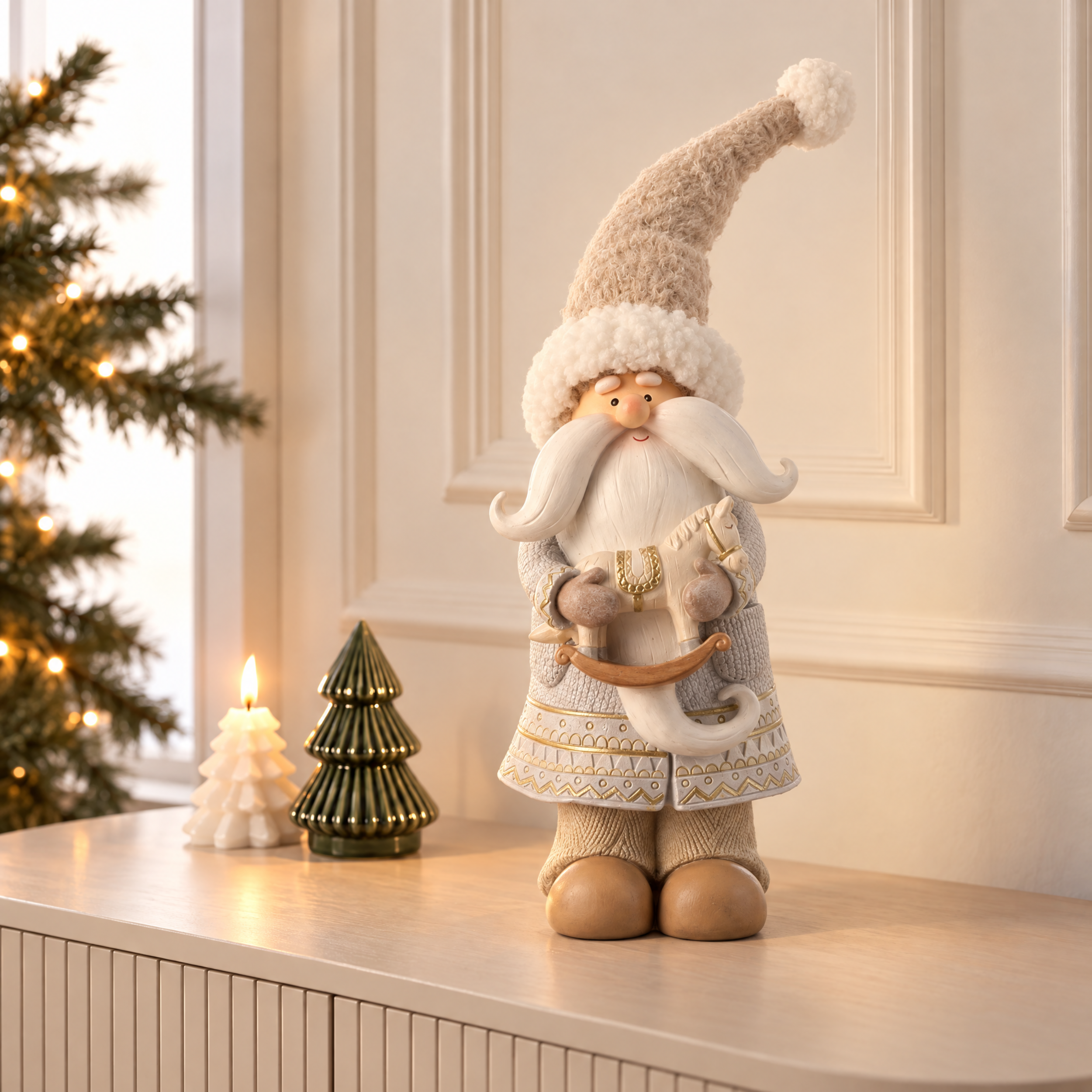 Figurine Père Noël Play 33 cm gris, décoration de Noël à poser, photo d'ambiance, Sia Deco