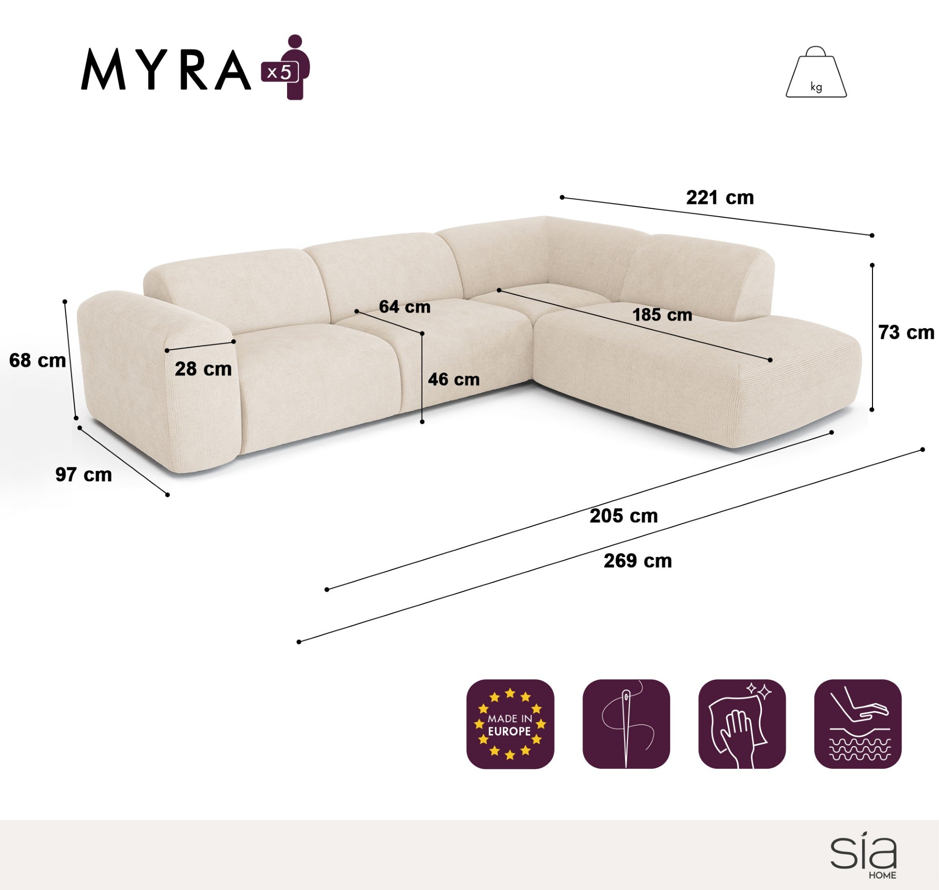 Canapé Grand Angle Droit Myra avec Dossier Méridienne