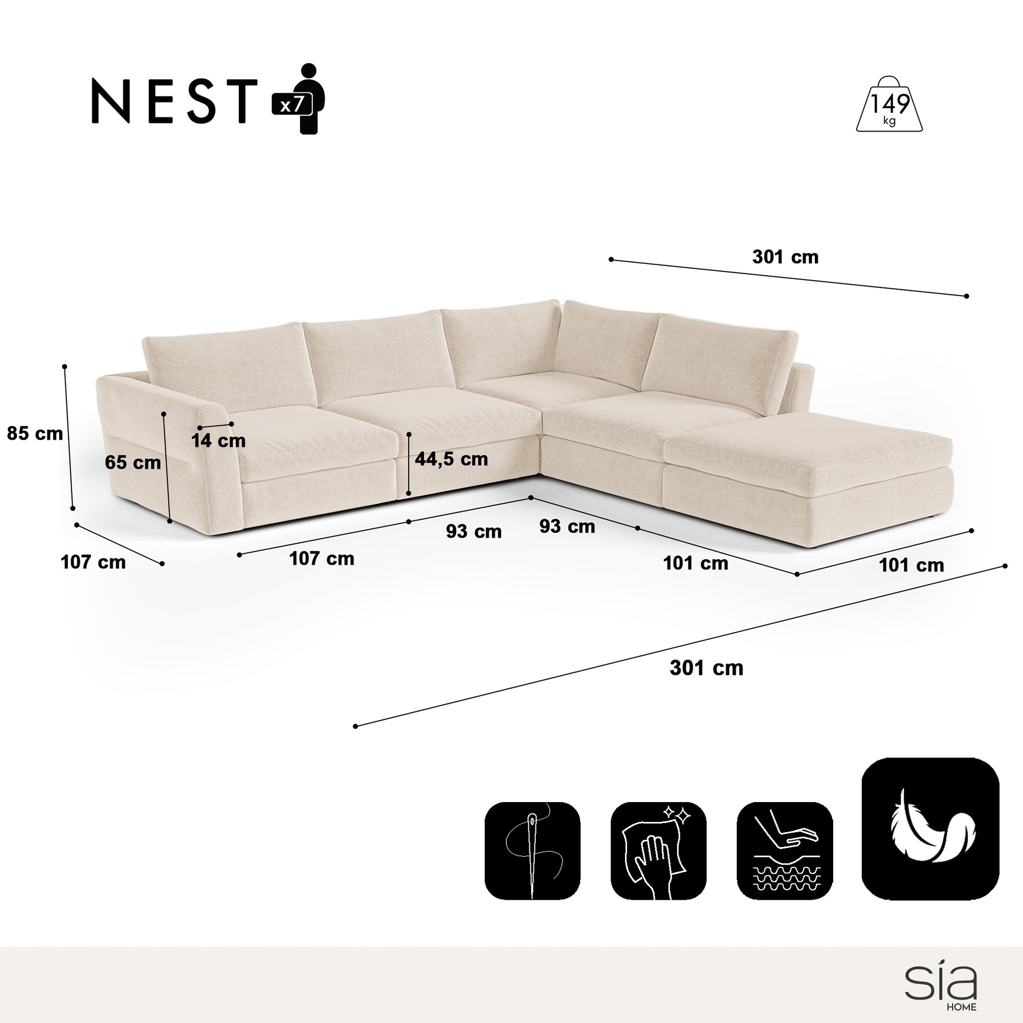 Canapé grand angle droit modulable 7 places Nest