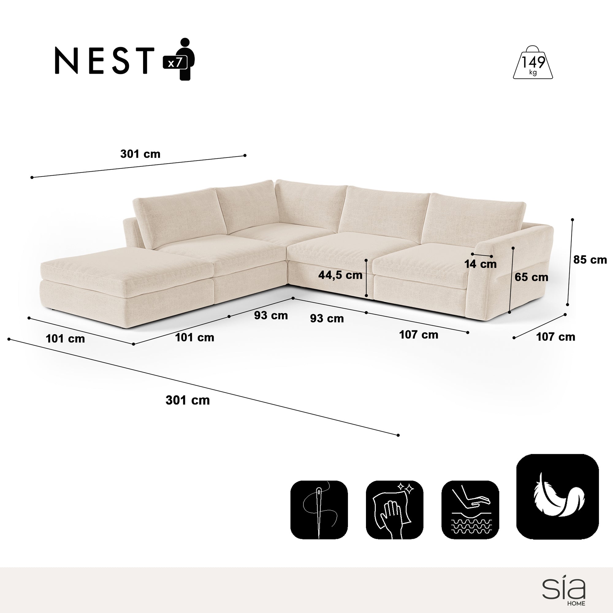 Canapé grand angle gauche modulable 7 places Nest
