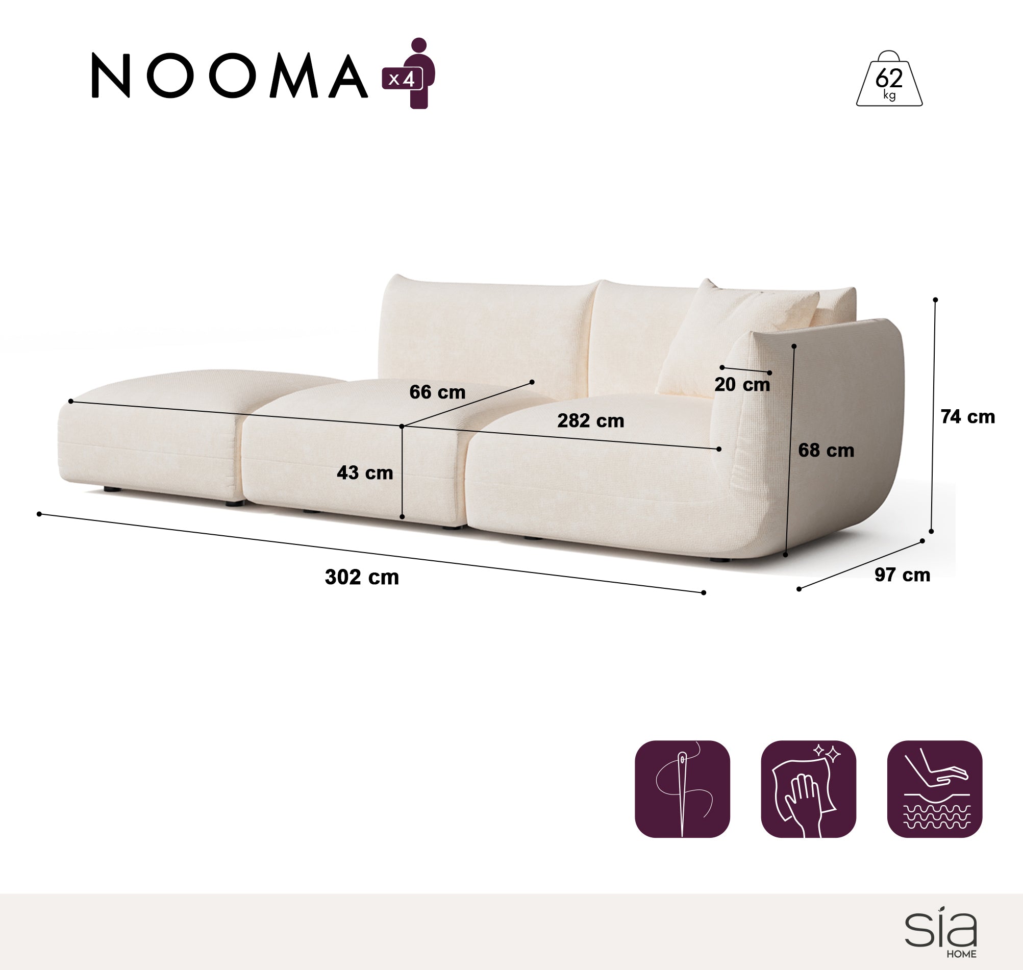 Canapé modulable 4-5 places droit NOOMA