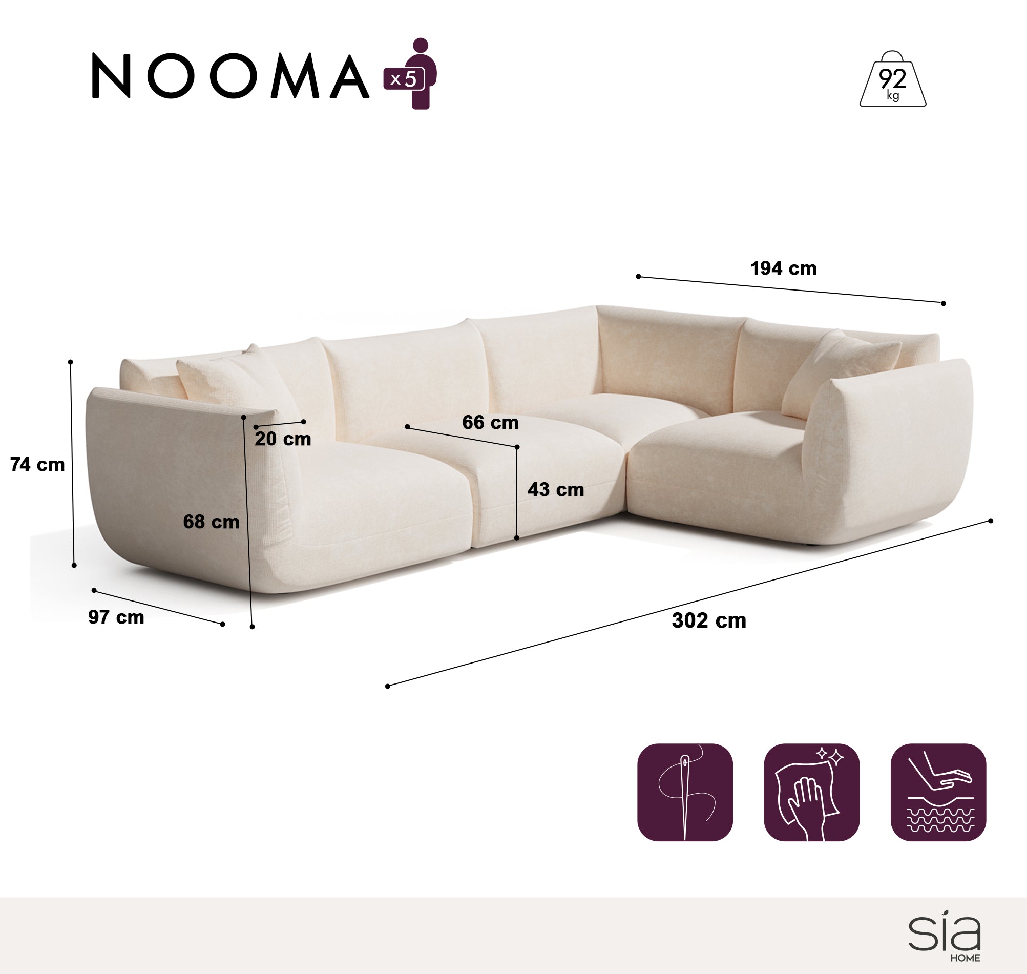 Canapé d'angle droit modulable 5-6 places NOOMA