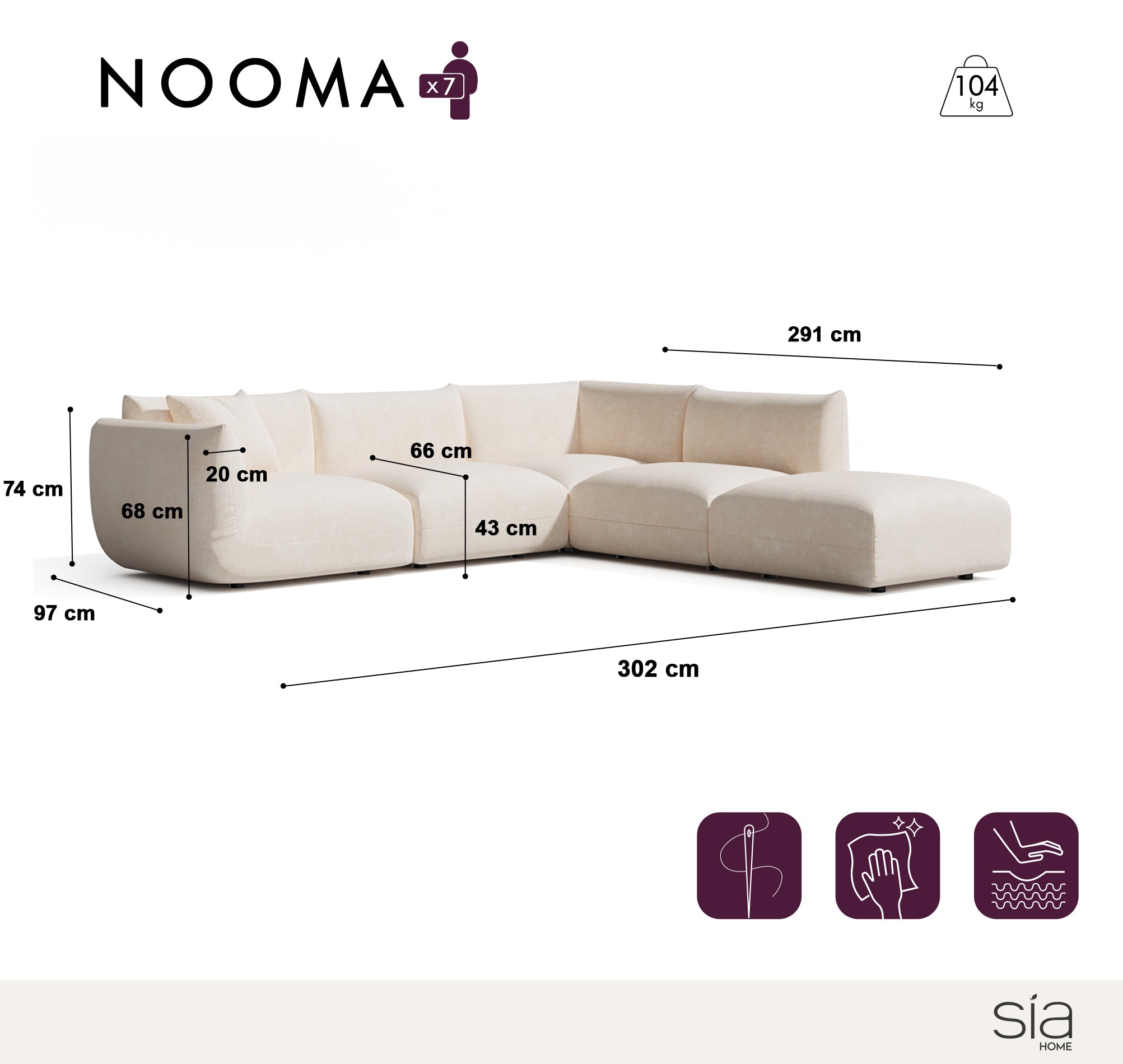 Canapé grand angle droit modulable 7 places NOOMA
