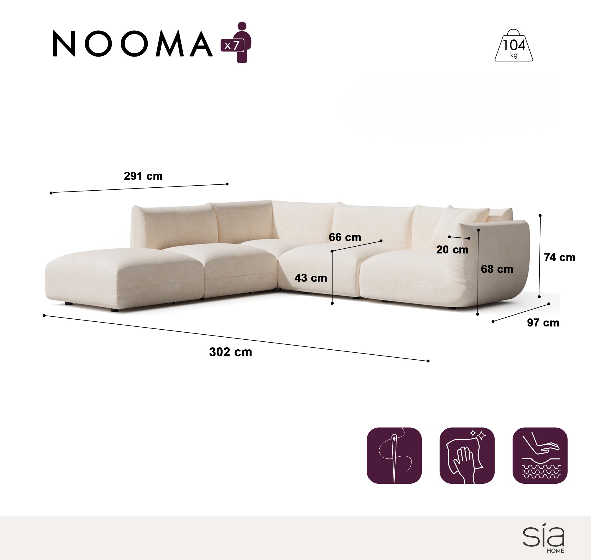 Canapé grand angle gauche modulable 7 places NOOMA