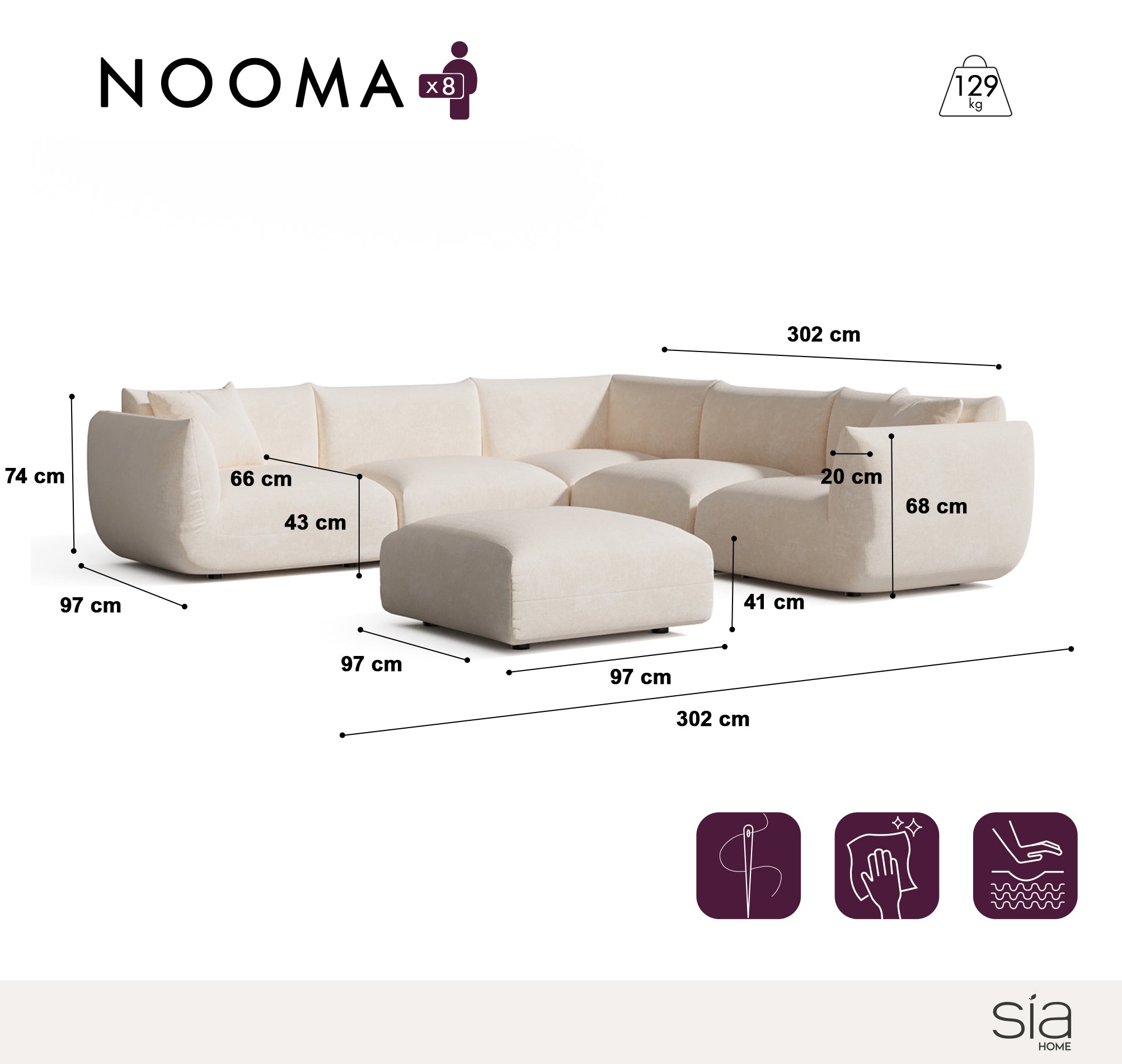 Canapé d'angle panoramique modulable 8 places NOOMA