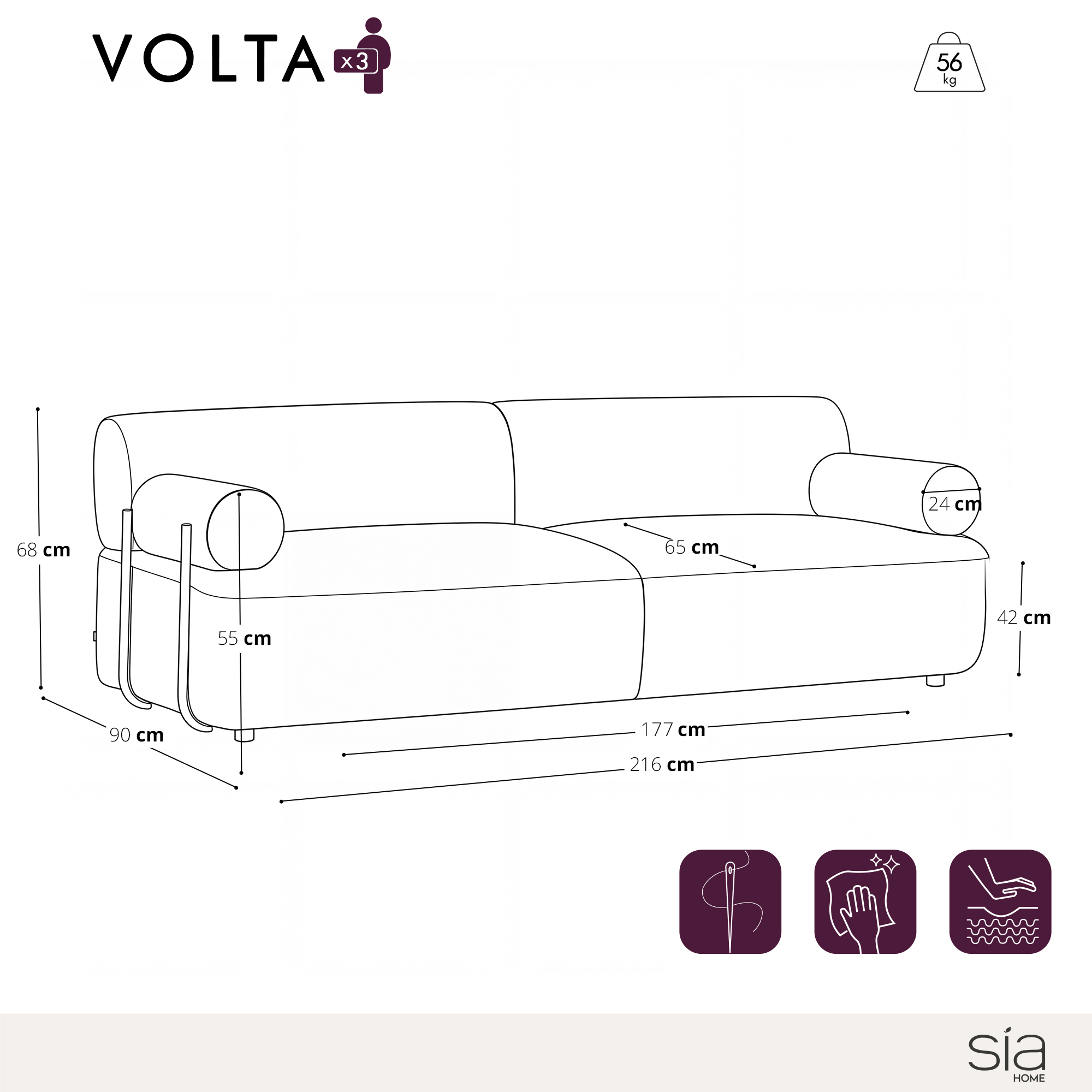 Canapé 3 places VOLTA tissu tramé toucher doux