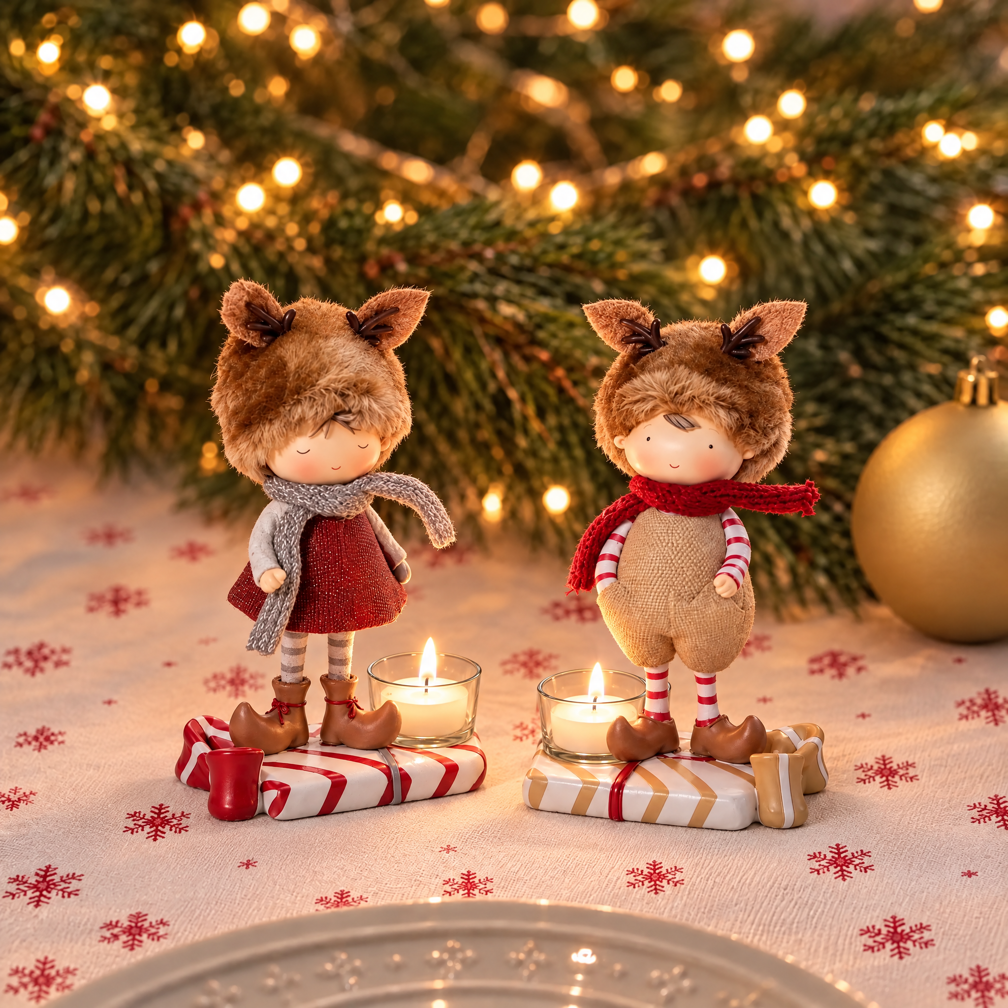 Porte-Bougies de Noël Figurines Enfants déguisés Rudy, rouge et gris, 13 cm, photo d'ambiance, Sia Deco