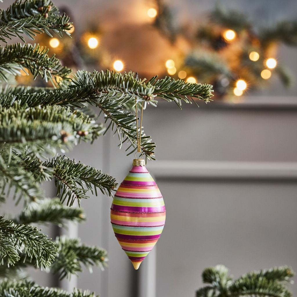 Boule de Noël Pop Allongée à Rayures et Paillettes Rouges fuchsia en verre
