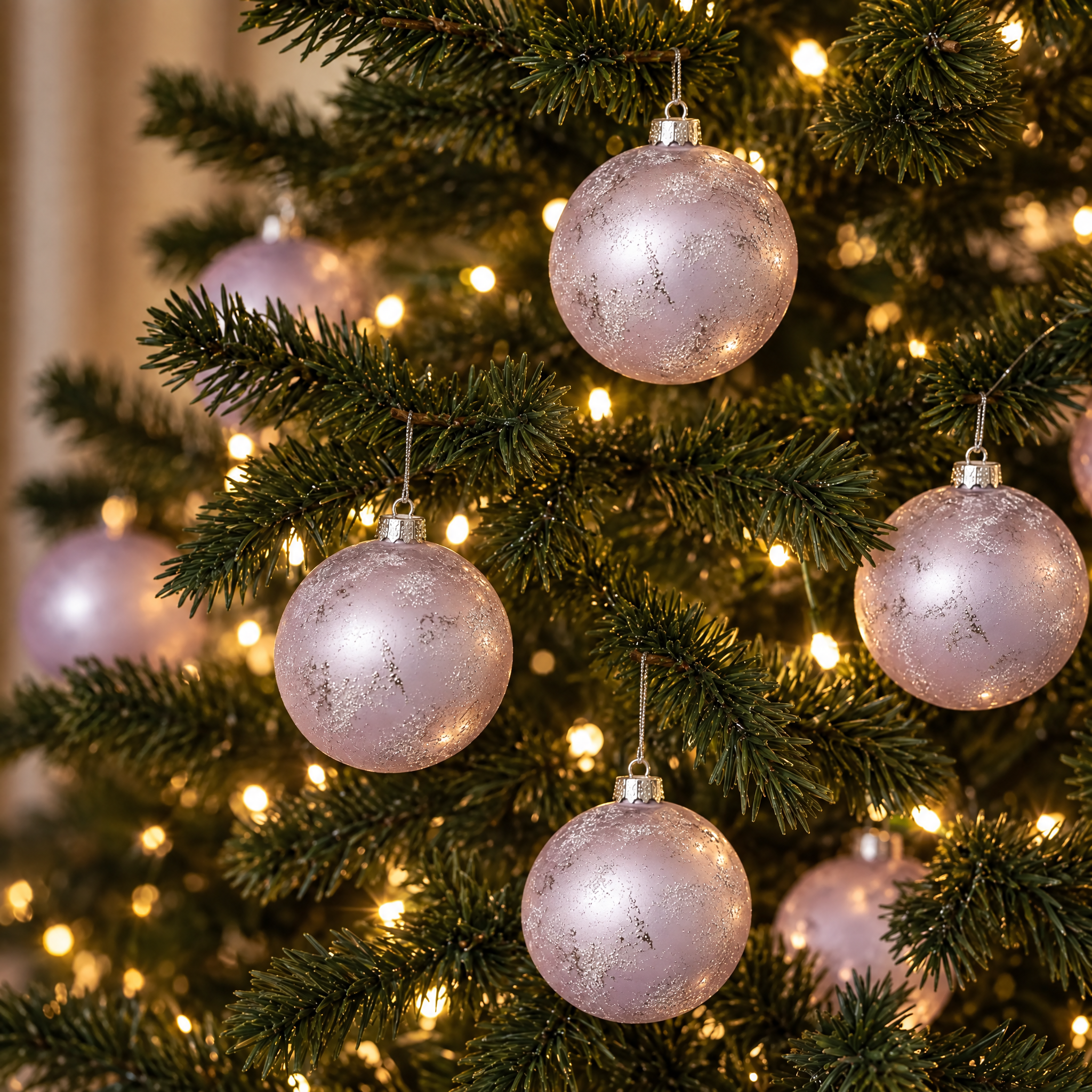 Boules de Noël Pailletée et Mat 10 cm Set de 12, mauve, photo d'ambiance, Sia Deco