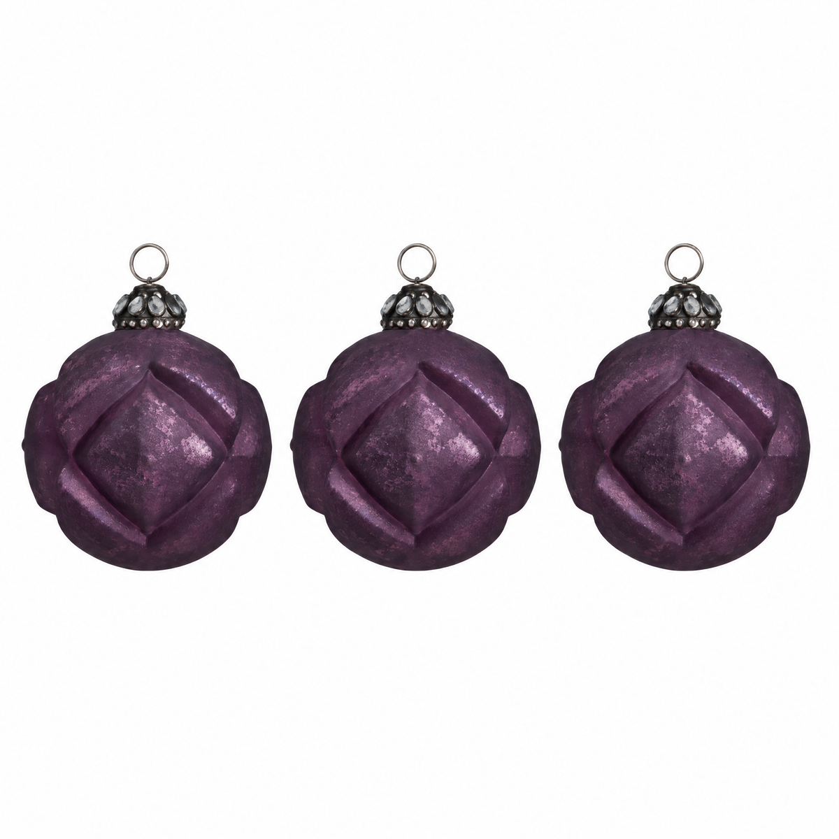 Boules de Noël violettes verre effet matelassé  Set de 3 packshot
