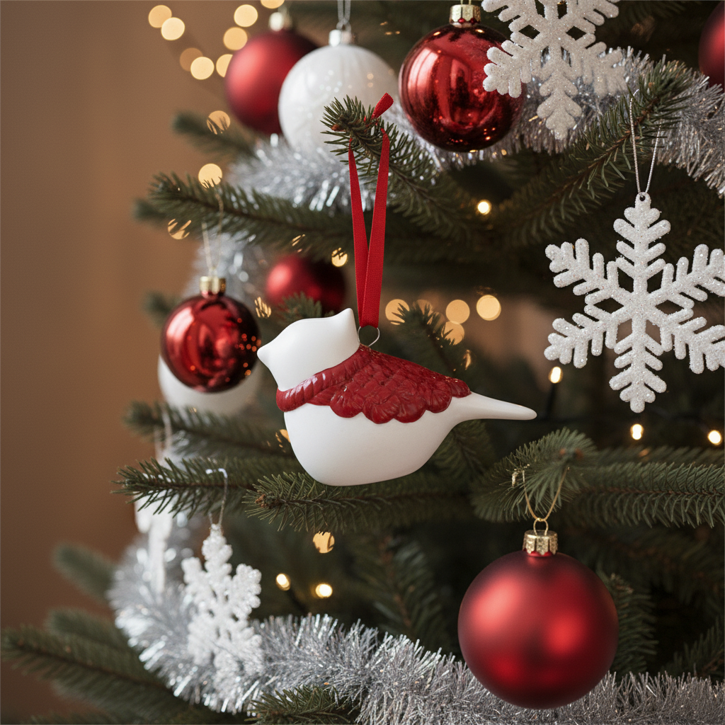 Uccellino Natale appeso con il lavoro a maglia