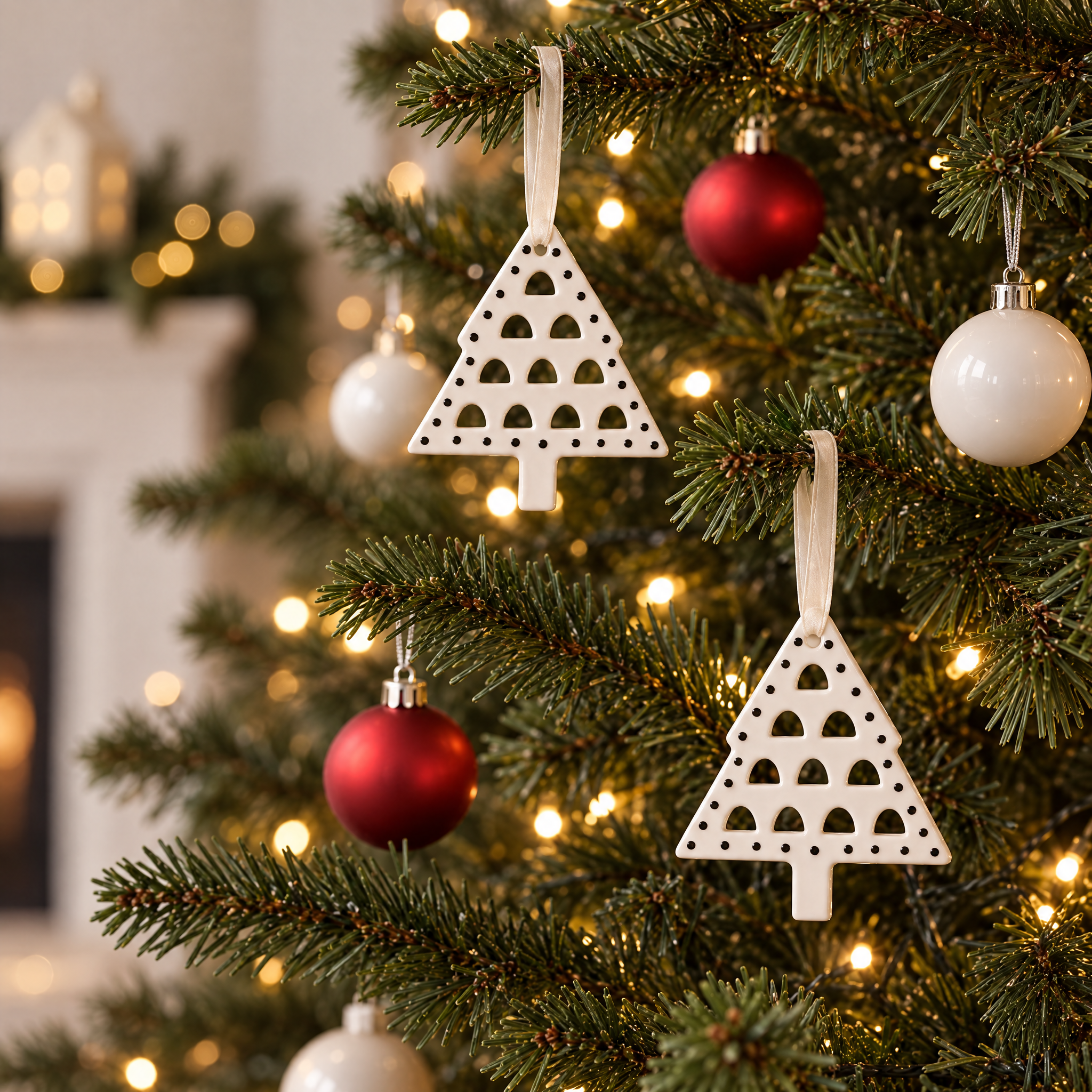 Suspension de Noël Lappi Sapin Points Noirs, blanc, 8 cm, photo d'ambiance, Sia Deco