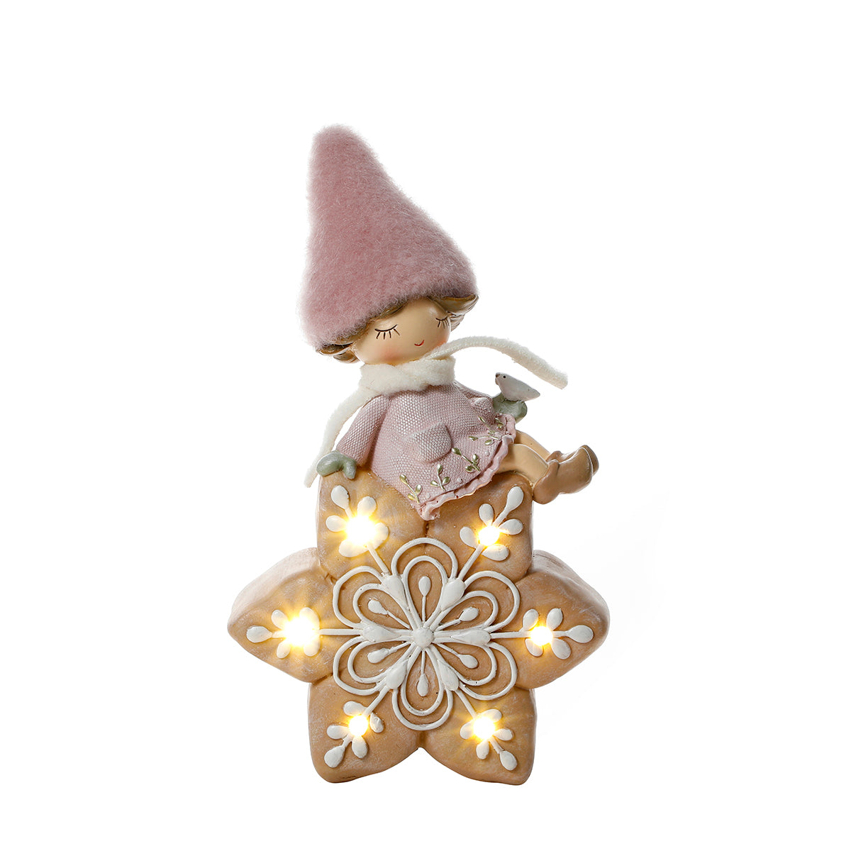 Figurine de Noël Fillette à bonnet rose sur Flocon LED