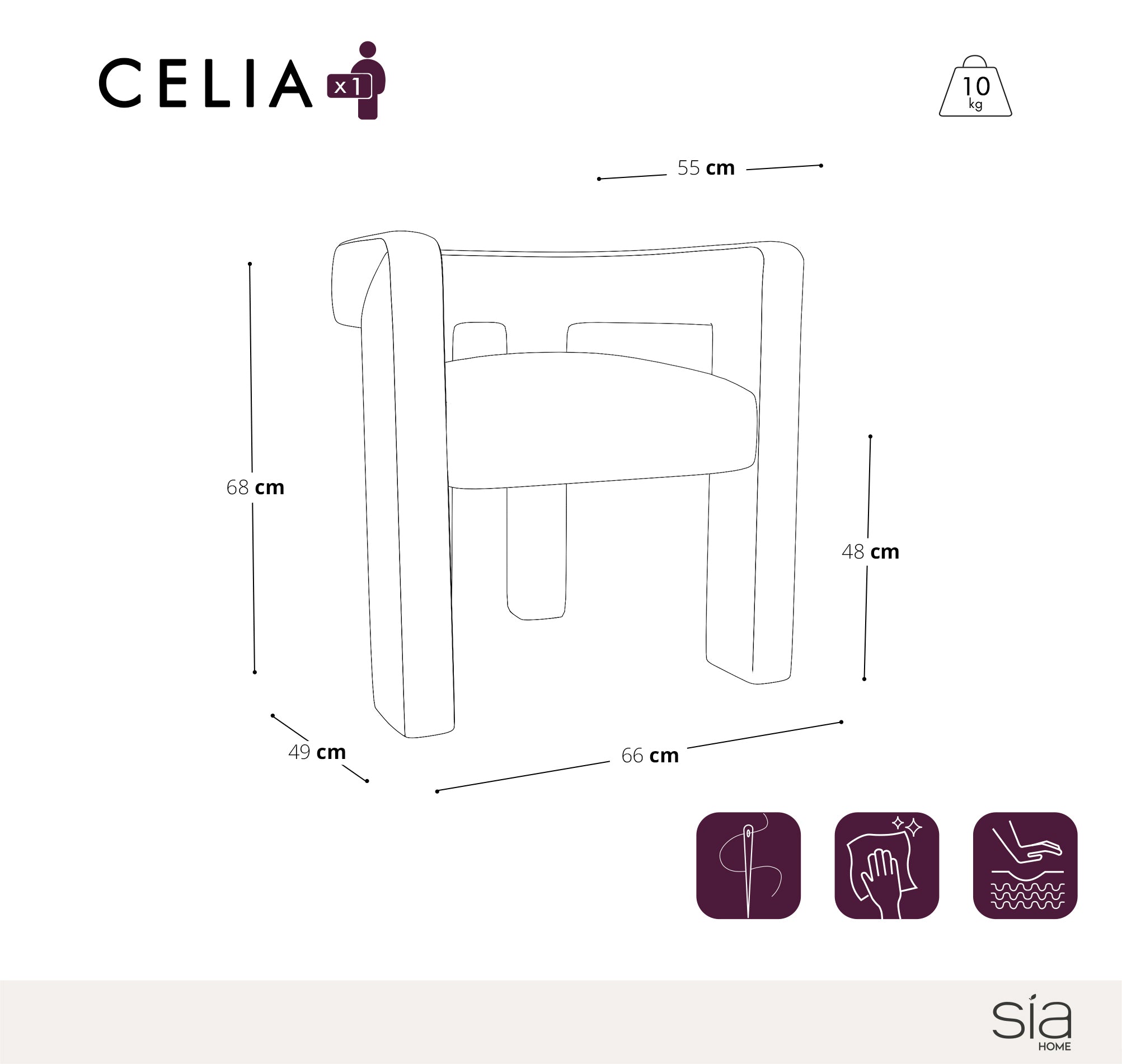 Dimensions du fauteuil CELIA : schéma coté hauteur, largeur, profondeur et hauteur d'assise