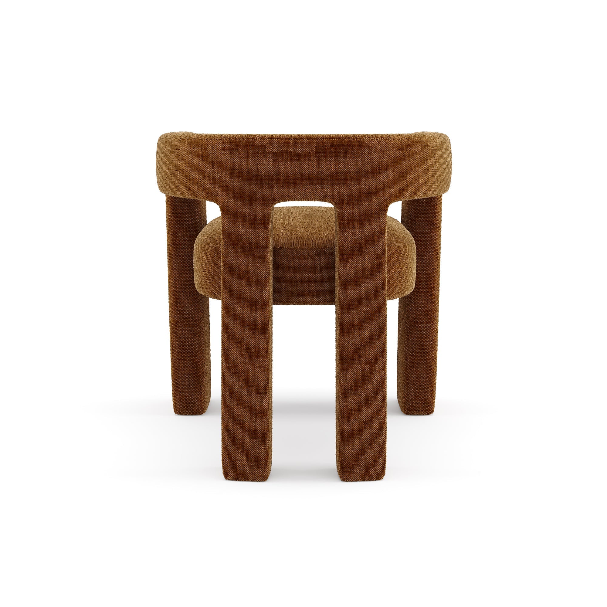 Fauteuil CELIA en tissu tramé terracotta vu de dos, dossier ajouré et piètement sculptural