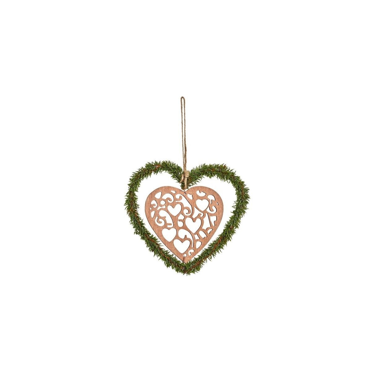 Suspension de Noël Natura Coeur effet Pin 20 cm beige et vert en bois