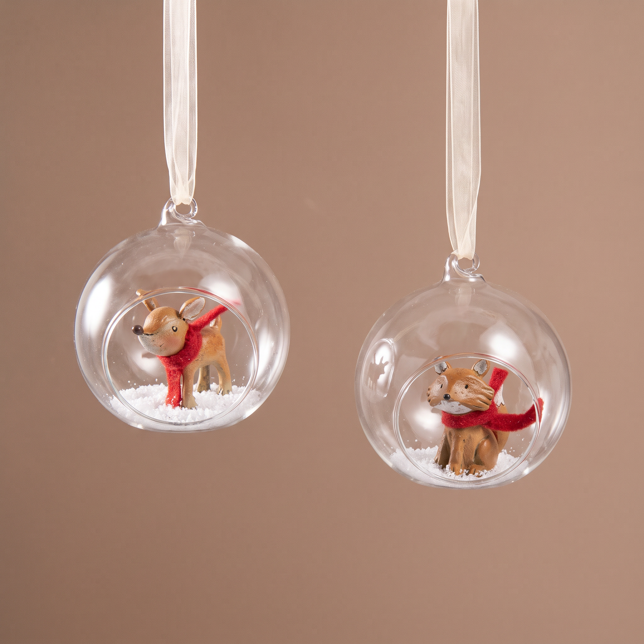 Boules de Noël Biche et Renard Rudy rouge et gris en verre, packshot fond beige