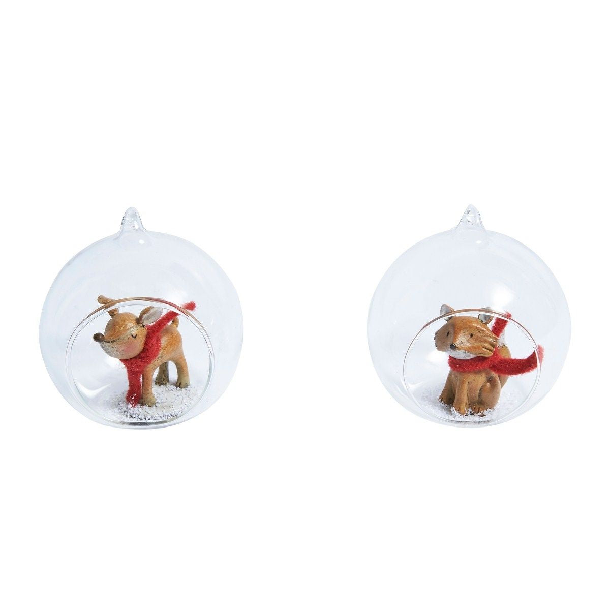 Boules de Noël Biche et Renard Rudy rouge et gris en verre