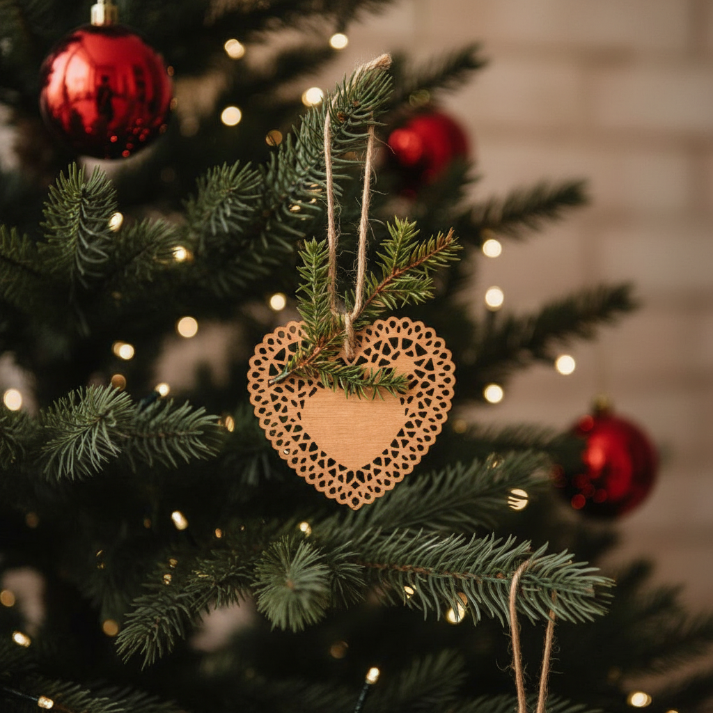 Suspension de Noël Natura Cœur en bois découpé 21 cm beige et vert en bois