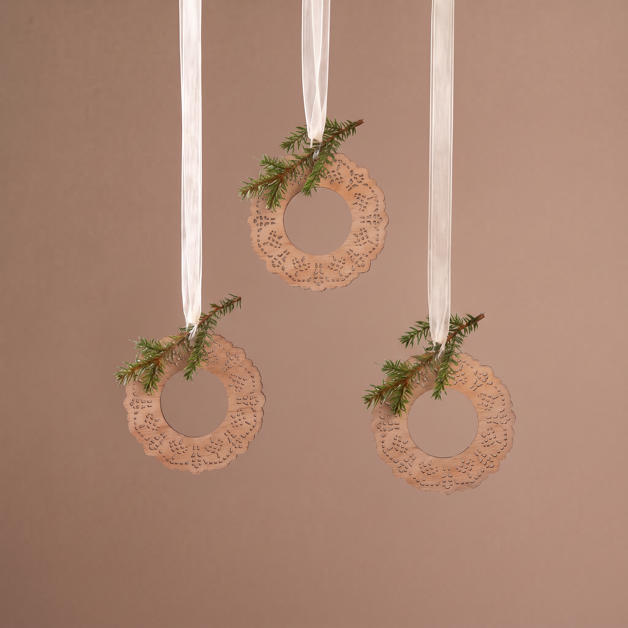 Suspension de Noël Natura Cercles en bois découpé 21 cm beige et vert en bois, packshot fond beige