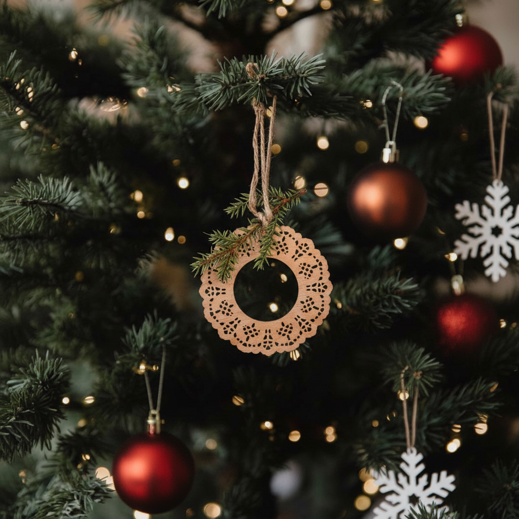 Suspension de Noël Natura Cercles en bois découpé 21 cm beige et vert en bois