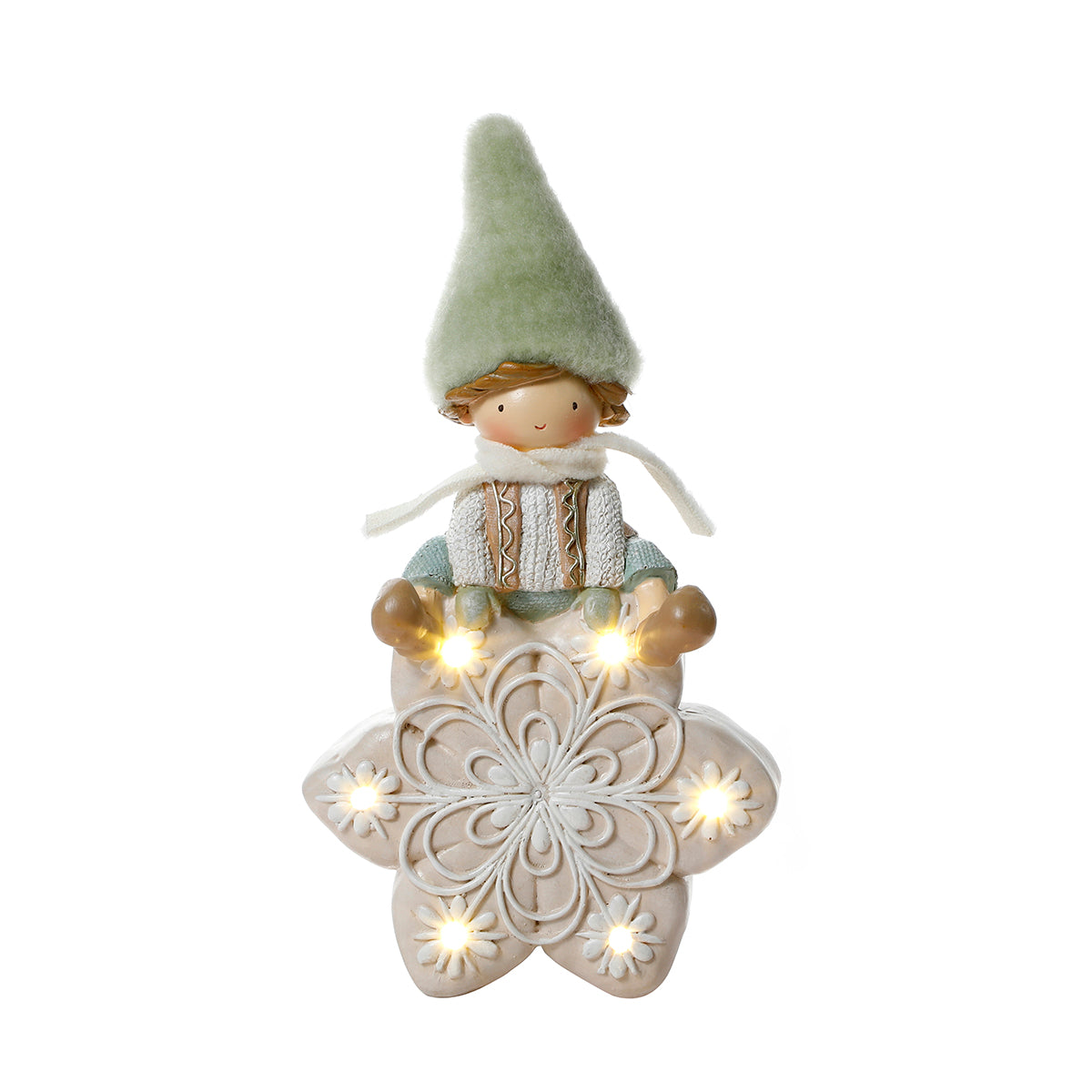 Figurine de Noël Garçon à bonnet vert sur Flocon LED