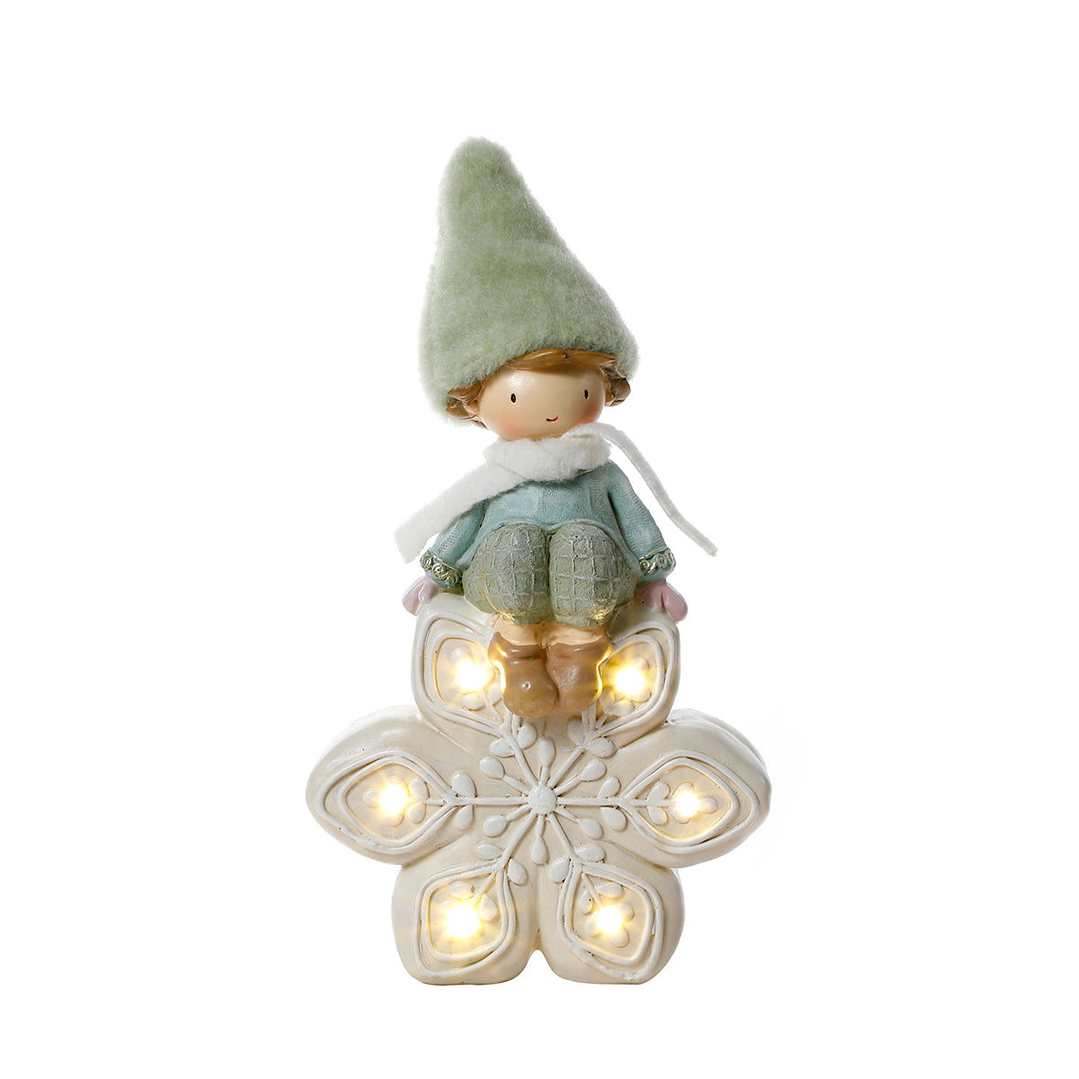 Figurine de Noël Garçon à bonnet vert sur Flocon LED