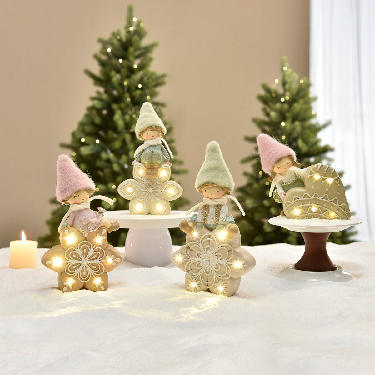 Figurine de Noël Garçon à bonnet vert sur Flocon LED