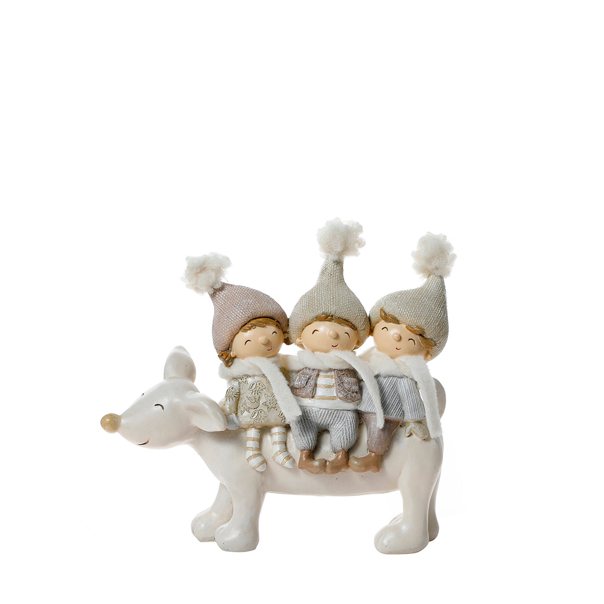 Figurina natalizia 3 bambini su renne pastello