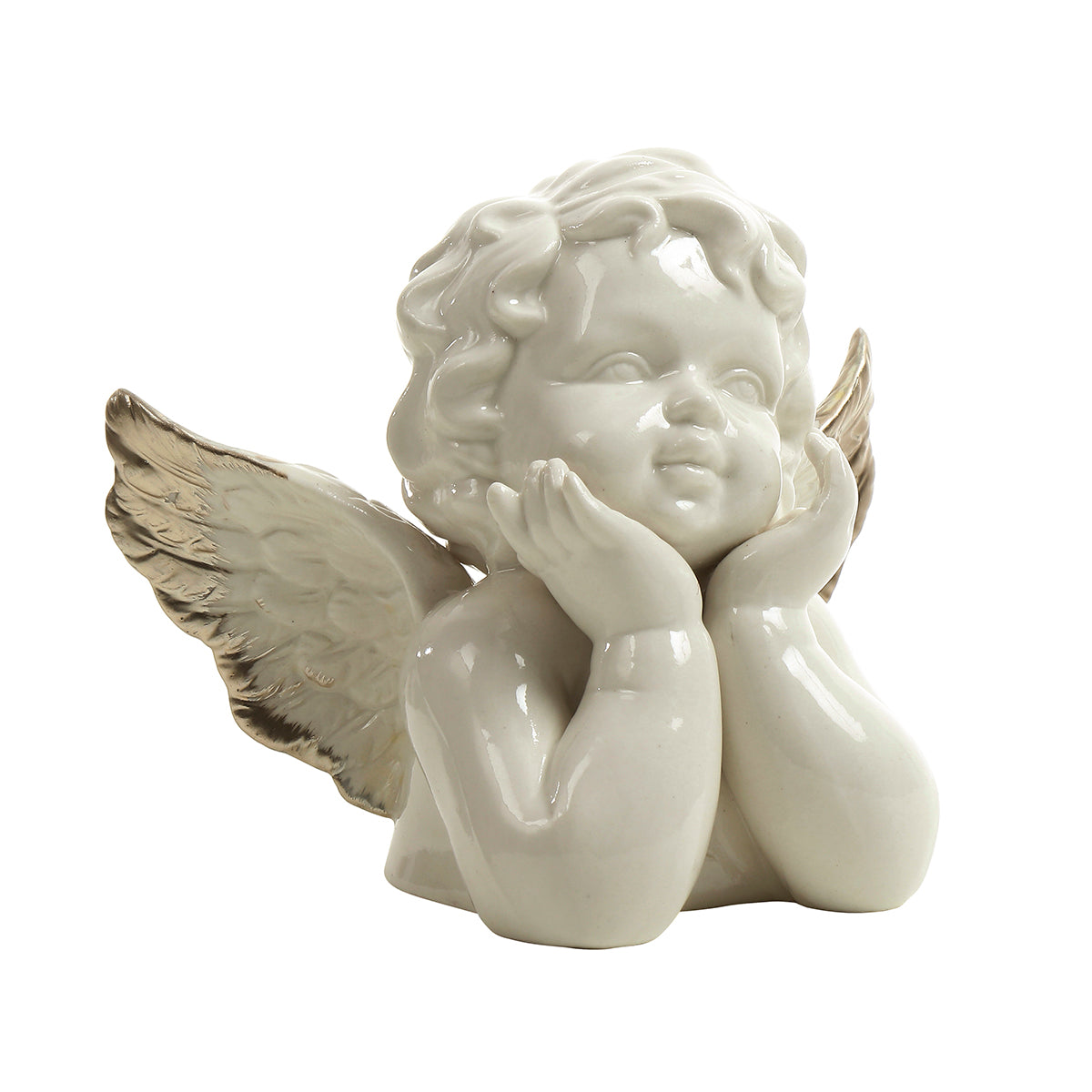 Statuetta di angelo alato che si tiene il mento
