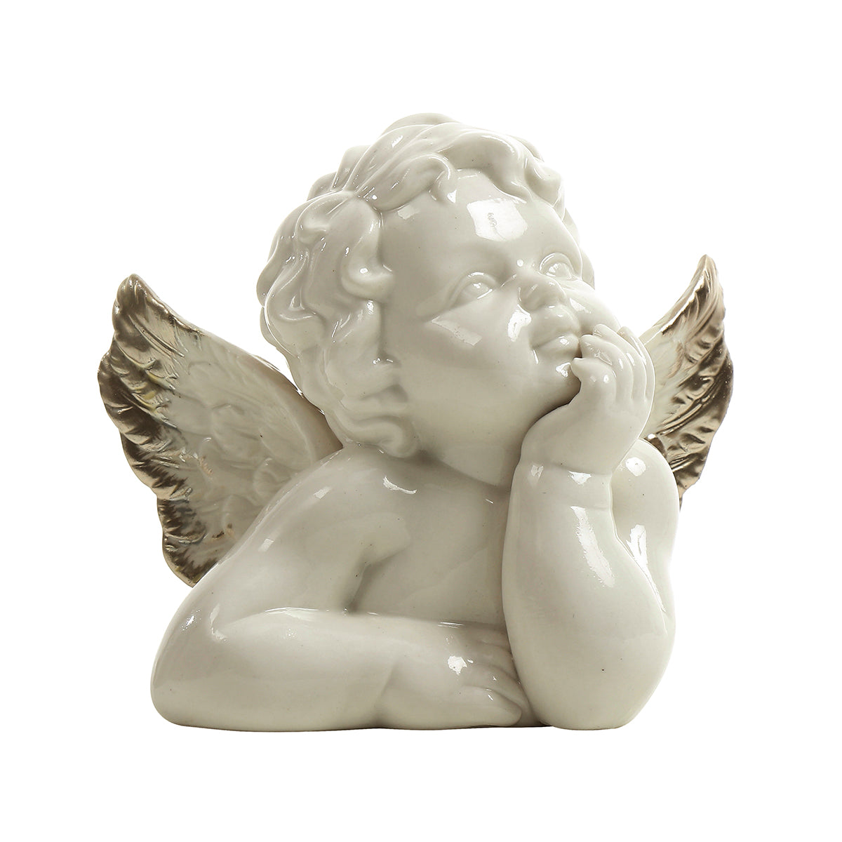 Statuetta di angelo alato che si tiene il mento in una mano