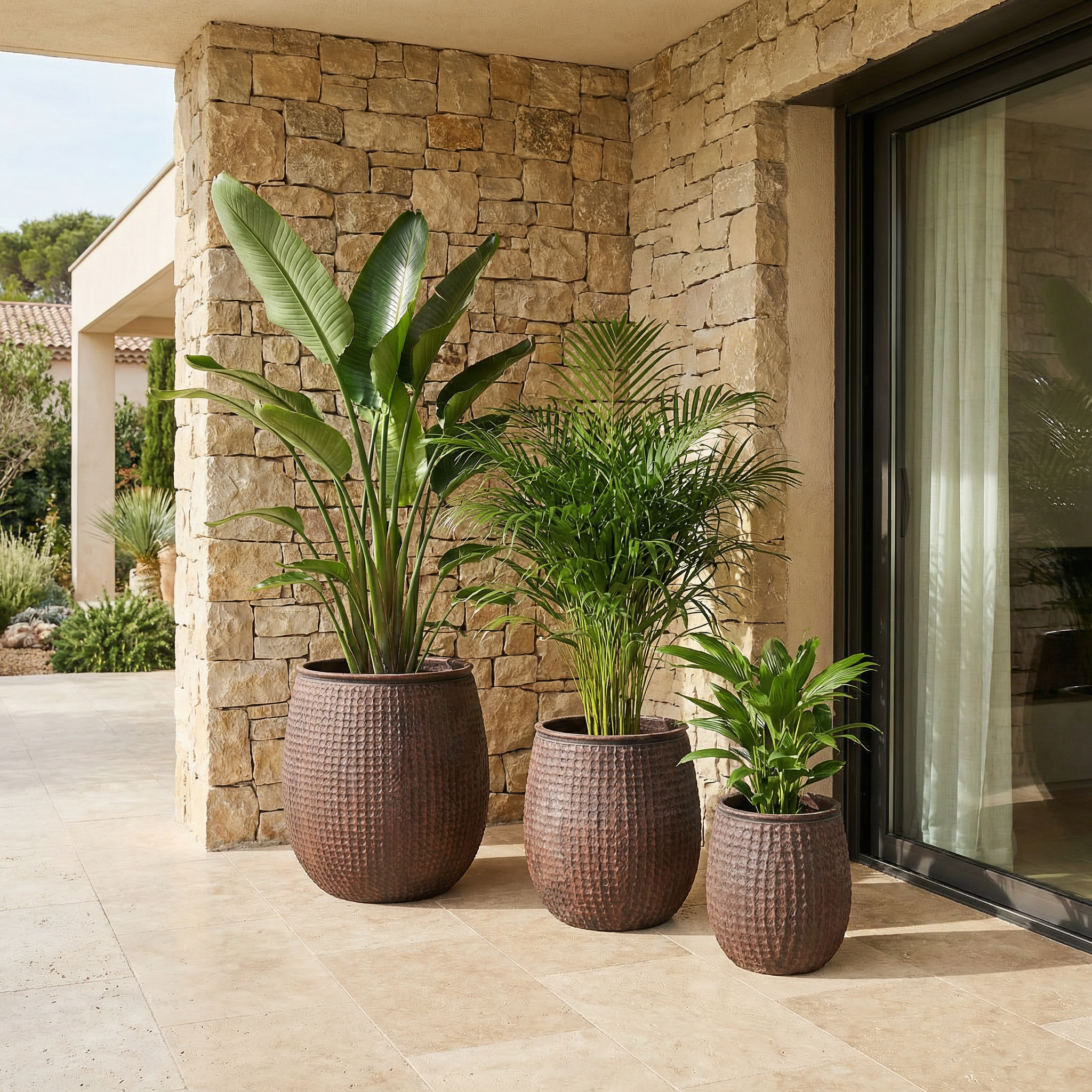 3 Cache-Pots Zen motif losanges rouge brique