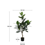 Dimensions du ficus artificiel 130 cm : hauteur 130 cm, largeur 66 cm, pot 15 cm de hauteur et 16,8 cm de diamètre