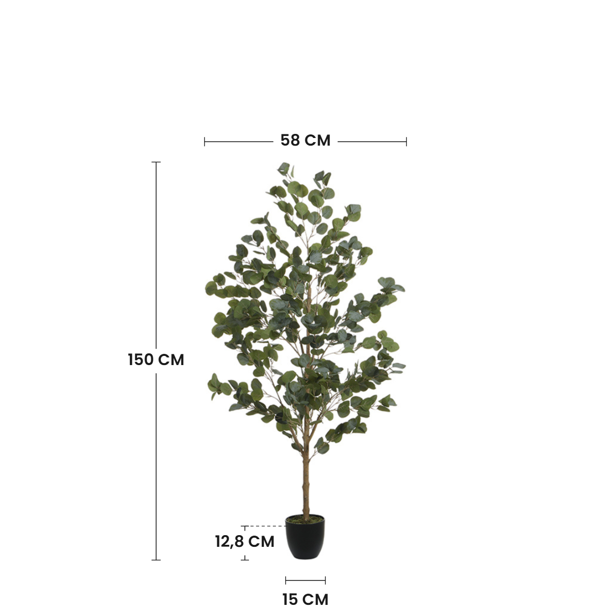 Dimensions de l'eucalyptus artificiel 150 cm : hauteur 150 cm, largeur 58 cm, pot 12,8 cm de hauteur et 15 cm de diamètre