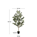 Dimensions de l'eucalyptus artificiel 150 cm : hauteur 150 cm, largeur 58 cm, pot 12,8 cm de hauteur et 15 cm de diamètre